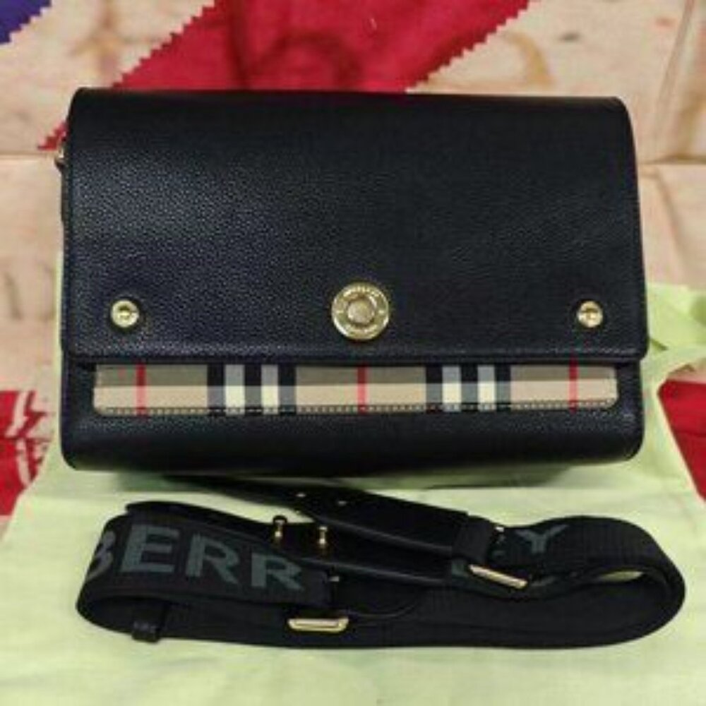 Burberry Black Note Leather & Vintage Check Crossbody Bag